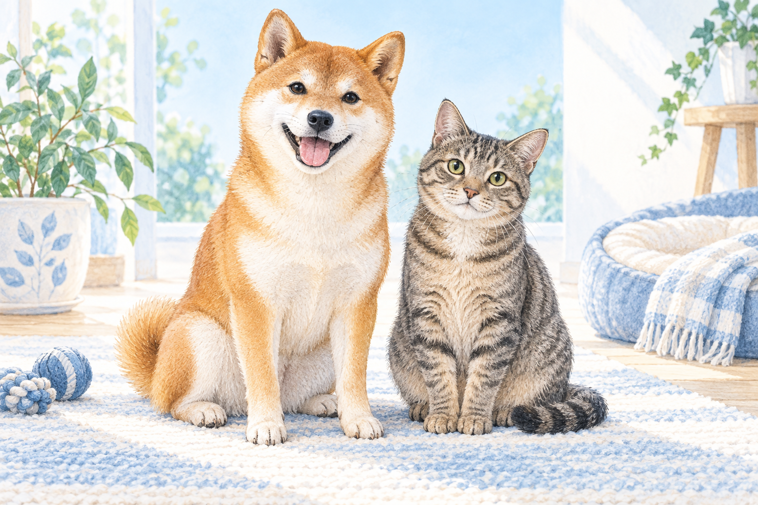 穏やかに並んで座る犬と猫のイラスト